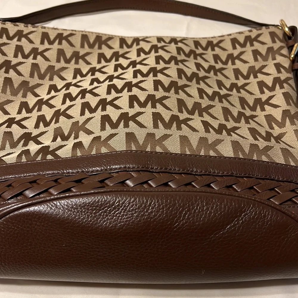 Michael Kors Beige and Brown MK Logo Shoulder Hobo$45